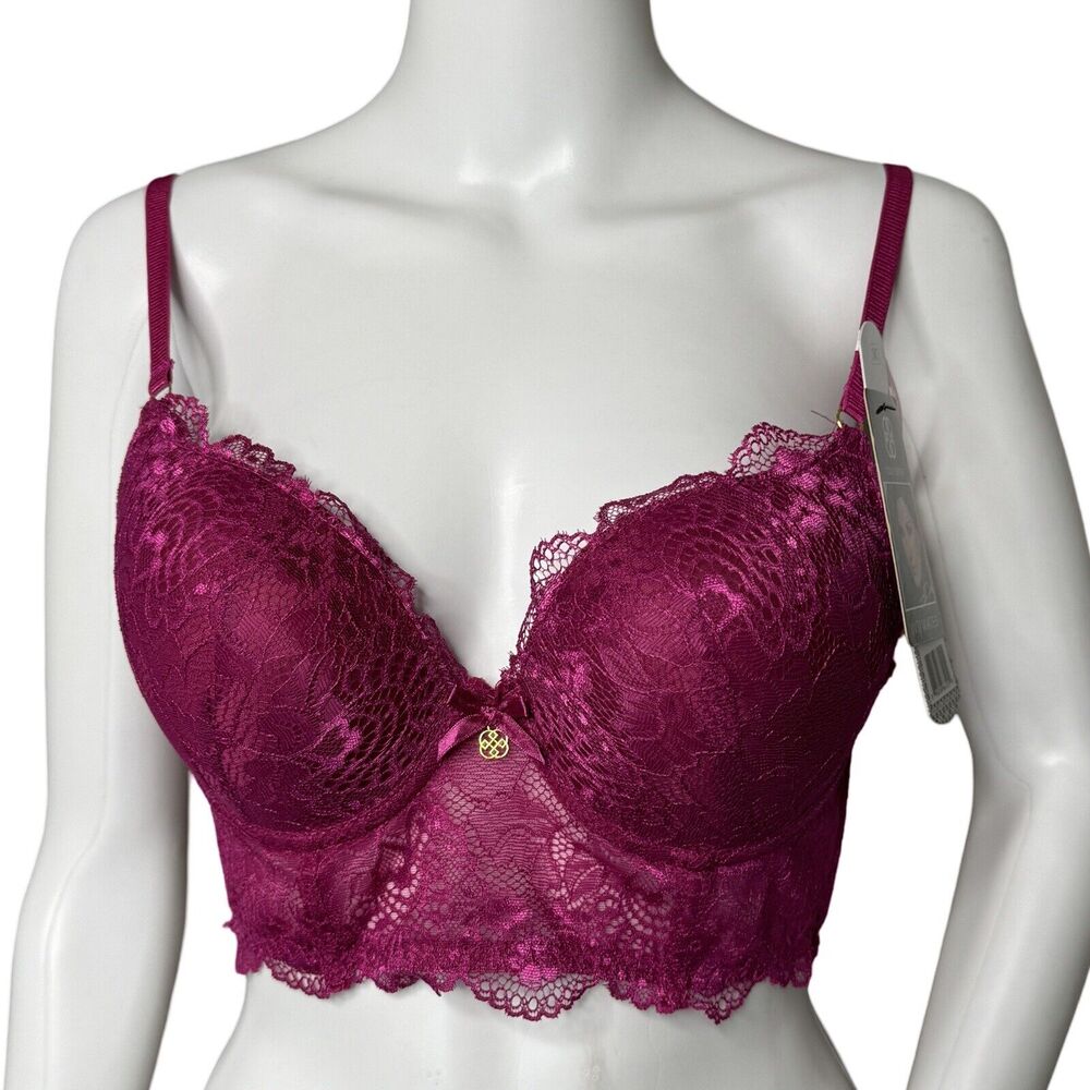 Daisy Fuentes Bra Womens 34C Fuchsia Pink Lace Longline Plunge Padded Underwire